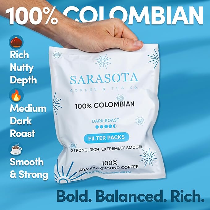 100% Colombian Dark Roast Ground Coffee in Filter Packs | Low Acid Mold Free Premeasured Pouches | Sampler Packets | Gourmet Powder Bags for 10–12 Cup Drip Maker | Highest Rated Individual Coffee