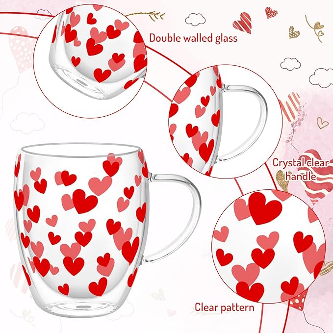 JarThenaAMCS Valentine' s Day Double Wall Glass Coffee Mugs Insulated Glasses 12Oz Red Heart Clear Espresso Cups with Handle for Home Holiday Supplies, Set of 2