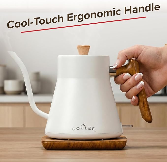 Coffee Gooseneck Kettle, Stainless Steel Interior, Electric Kettle for Boiling Water, Pour Hot Water Over Coffee, Tea, or Matcha, Electric Boiler, Heat Resistant Ergonomic Handle, White