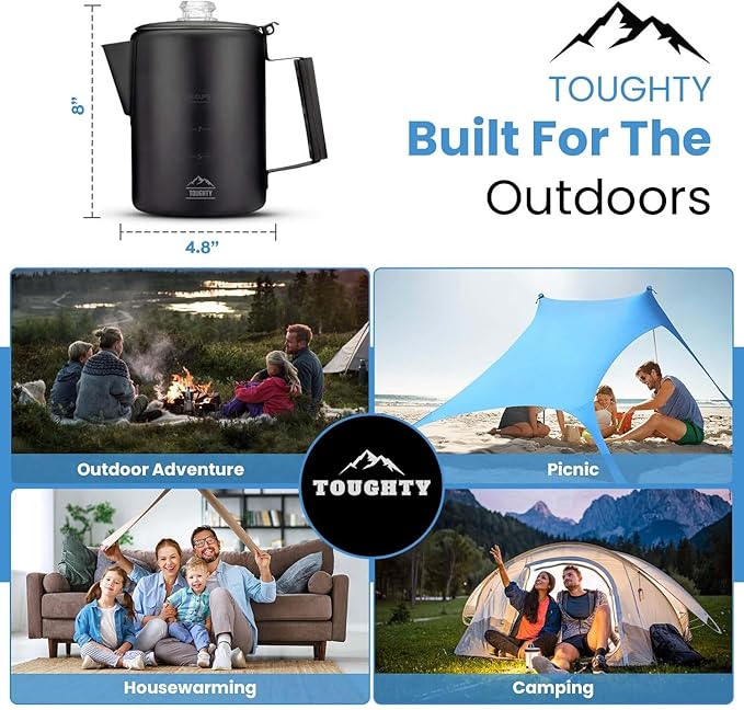 Toughty Yosemite Percolator Coffee Pot – Classic Stovetop Coffee Maker for Camping, Hiking & Home, Durable Stainless Steel Pot, Compatible with All Stovetops – Old-Fashioned 12-Cup Percolator, Black