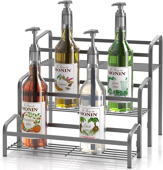DTUQYX Coffee Syrup Organizer 3-Tier, 12 Bottles Capacity Coffee Syrup Rack, Metal Syrup Stand for Spice, Wine, Liquor, Bottle, Coffee Bar Station Racks Magnetic, No Installation, Grey