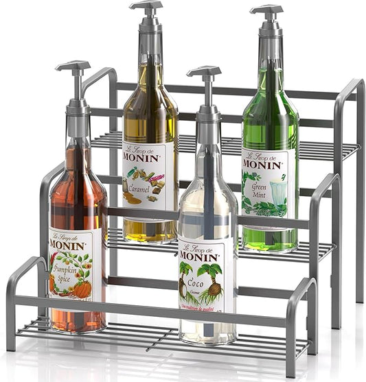 DTUQYX Coffee Syrup Organizer 3-Tier, 12 Bottles Capacity Coffee Syrup Rack, Metal Syrup Stand for Spice, Wine, Liquor, Bottle, Coffee Bar Station Racks Magnetic, No Installation, Grey
