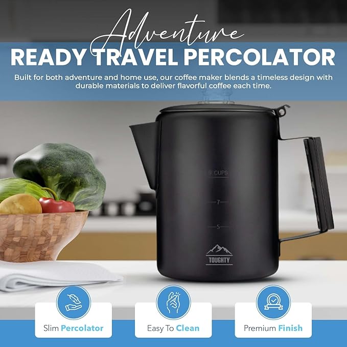 Toughty Yosemite Percolator Coffee Pot – Classic Stovetop Coffee Maker for Camping, Hiking & Home, Durable Stainless Steel Pot, Compatible with All Stovetops – Old-Fashioned 9-Cup Percolator, Black