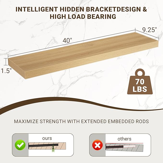 40 Inch Floating Shelves, 3D Textured Wood Grain, 40"x9.25"x1.5" Inch Deep Floating Shelves for Wall, Wooden Shelves for Bathroom, Bedroom, Living Room, Natural, 1 Piece