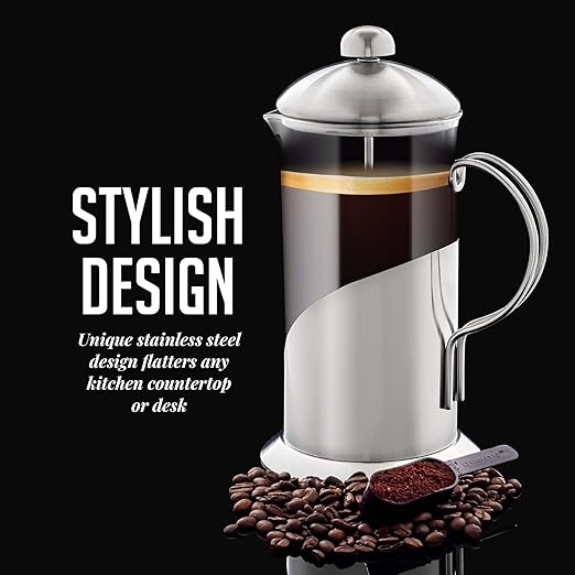OVENTE French Press Coffee Maker 34 Ounce with Heat Resistant Borosilicate Glass, Stainless Steel Design and 4-Level Filter System, Portable Cold Brewer Pot for Travel, Camping or Gift, Silver FSL34S