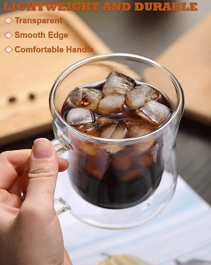 Double Walled Glass Coffee Mugs with Handles, 10 oz Clear Borosilicate Glass Slim Body Coffee Cup for Cappuccino, Tea, Latte,Milk,Wine, Hot and Cold Drinks