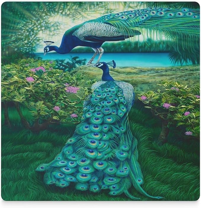 Square-4PCS Peacock Drink Coasters, Square Modern Ceramic Absorbent Coasters, Vintage Tree Branch Beautiful Plant Floral Green Peacock Decor Desk Coffee Table Coaster for Beverage Cup Tea Coasters