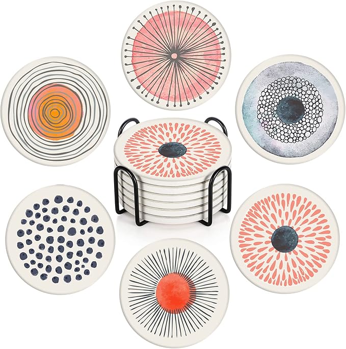 Britimes Coaster for Drinks Set of 6, Watercolor Doodle Circles Flower Absorbent Round Ceramic Stone Mat, with Cork Base and Metal Holder, Gift for Housewarming Room Bar Decor