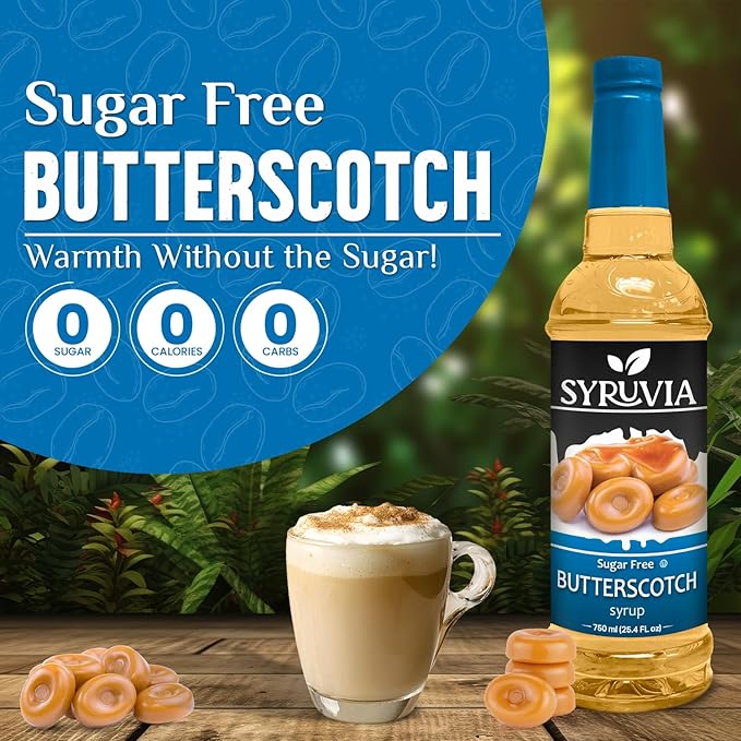 Syruvia Sugar Free Coffee Syrup, Butterscotch Flavored Syrup for Drinks, Lattes, and Desserts – 25.4 fl oz, With Pump
