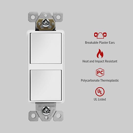ENERLITES Double Paddle Rocker Decorator Switch, Clamp-Type Back Insert Wiring, Copper Wires Only, Single Pole, Residential/Commercial Grade, 15A 120-277VAC, 62834-W-N, White (New Model)