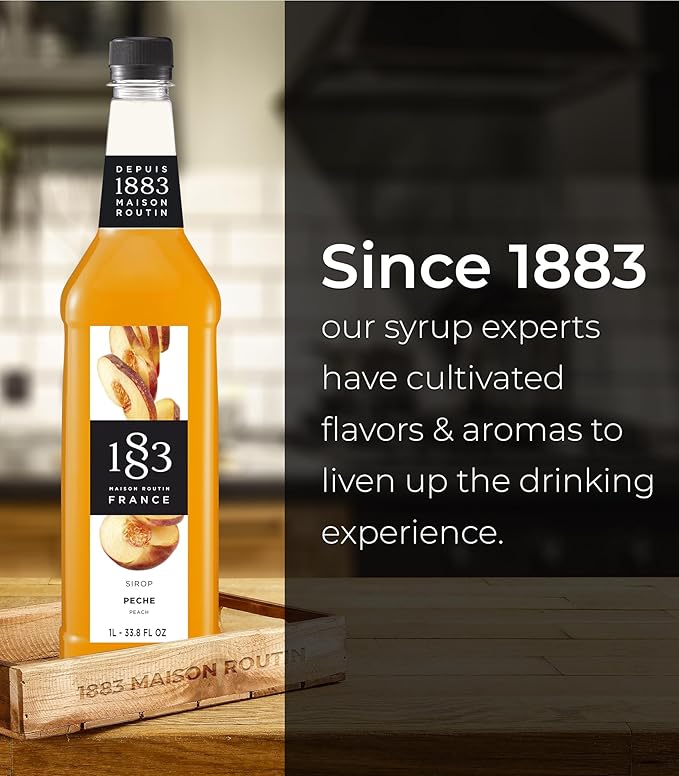 1883 Peach Syrup for Drinks, Made in France, 1 Liter Plastic Bottle
