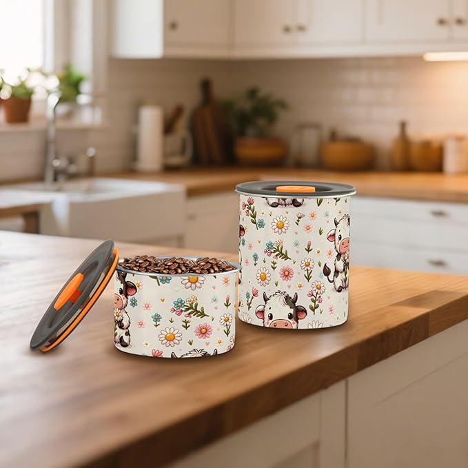 ALAZA Cute Cow Daisy Flower Airtight Coffee Bean Canister 500ml Food Storage Containers with Lids For Gournd, Tea, Sugar, Flour, Rice, Cereal, Candy Cookie Jar