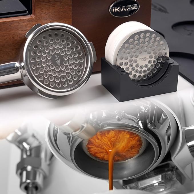 IKAPE Espresso Coffee Accessories, 51mm Puck Screen 4-piece Set with 2 Ultra-thin Puck Screen, 200 pcs Paper Filters, and a Stand Holder - Elevate Your Coffee Experience