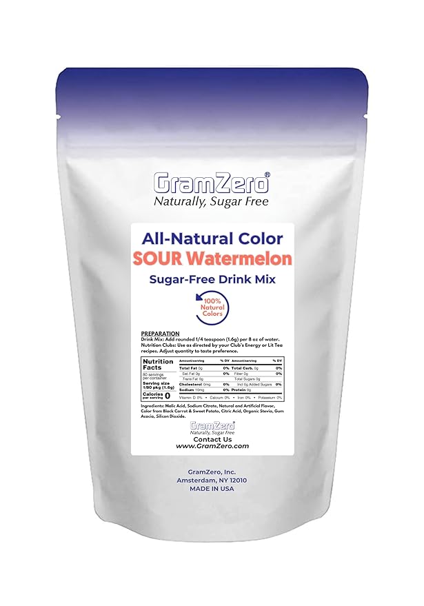 GramZero Sour Watermelon Zero Calorie Sugar Free Drink Mix, Great For Nutrition Club Loaded Tea, Stevia Sweetened