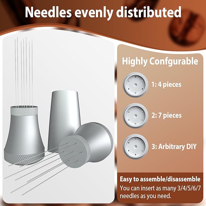 WDT Espresso Distribution Tool Espresso Stirrer Tools for Barista, 0.35mm 7 Needles Espresso Coffee Stirrer with Extra 7 Replaceable Needles, Aluminum Alloy Handle with Stand (Silver)