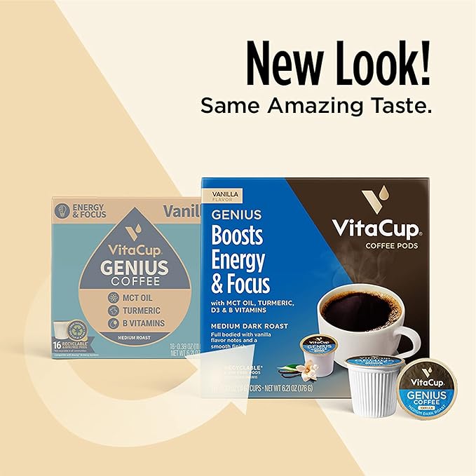 Genius Vanilla Keto Coffee Pods by VitaCup w/MCT Oil, Turmeric, B Vitamins, & D3 for Energy & Focus in Single Serve Pod Compatible with K-Cup Brewers Including Keurig 2.0, 32 CT