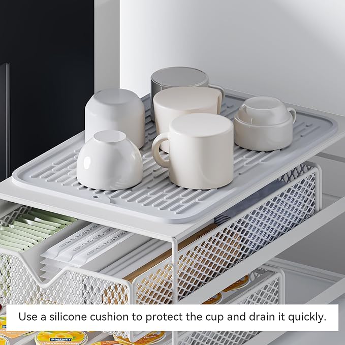Coffee Maker Countertop Organizer,K Cup Pod Drawers,60 Coffee Capsule Pod Holder,Integrated Design Requires No Assembly.Slidng Storage Pod Baskets,K Cup holder,Silicone Drink Coasters
