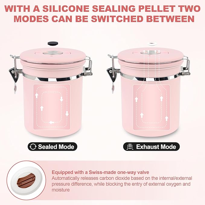 ShanSon Coffee Canister Airtight Coffee Container Stainless Steel Coffee Bean Storage Container with Scoop Coffee Canister for Beans Grounds Sugar Flour Tea Cereal,22OZ, Pink Upgraded Version