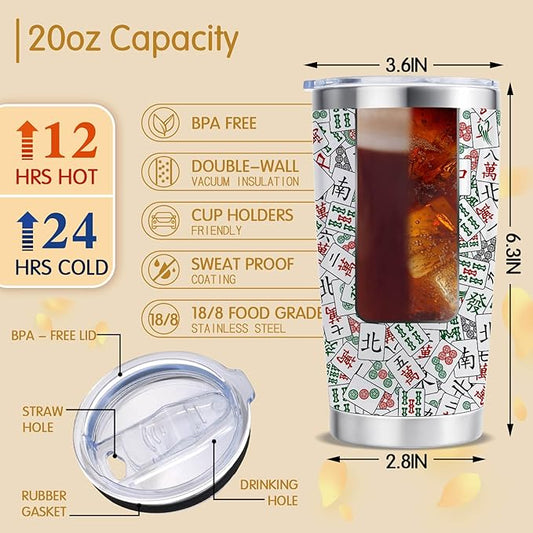Mahjong Gifts, Mahjong Themed Stainless Steel Insulated Tumbler with Lid and Straw 20oz, Mahjong Lover Gift Mahjong Player Gift for Friend Family (Mahjong)