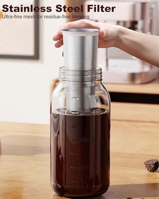 VA1KENE Cold Brew Coffee Maker 64oz, Iced Coffee Maker with 304 Stainless Steel Filter, Mason Jar Pitcher with Lid and Spout (Black)