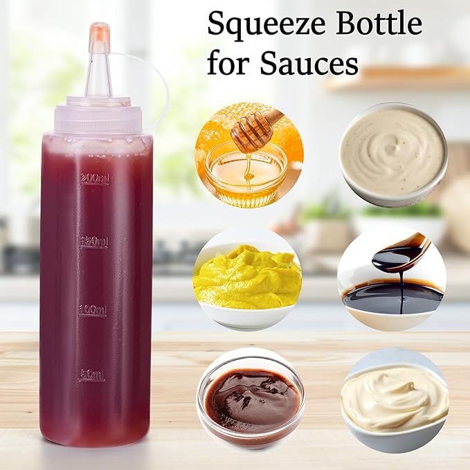 Katfort Condiment Squeeze Bottles Ketchup Dispenser, 6 Pack 8oz Squeeze Bottles for Liquids, Plastic Sauce Bottle with Cap Lid, Squirt Bottles for Sauces Liquids BBQ Dressing Pancake Art