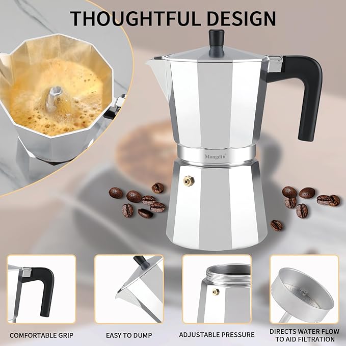 Mongdio Stovetop Espresso Maker Moka Pot, Stove Top Cuban Coffee Maker, Italian Greca Mocha Pot, 6 Espresso Cups, 10 oz - Silver