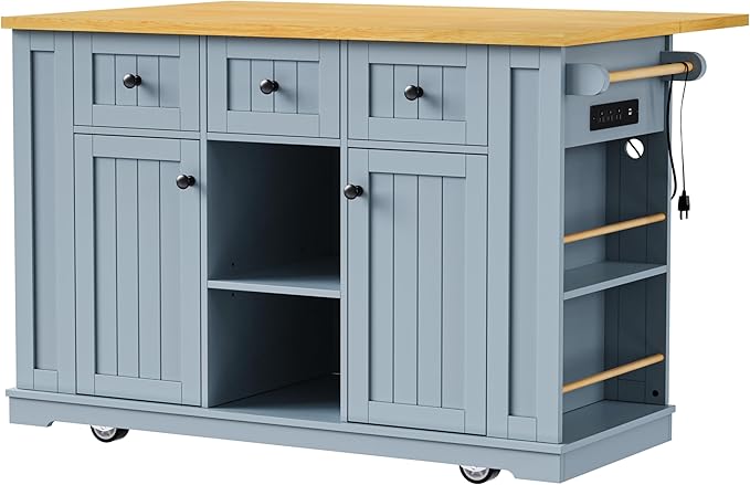 Rolling Kitchen Island with Drop Leaf & Power Outlet, Large Kitchen Islands Cart on Wheels, Movable Kitchen Island with 5 Open Storage Shelves & Towel Rack for Kitchen, Dining Room, 53-Inch, Grey Blue