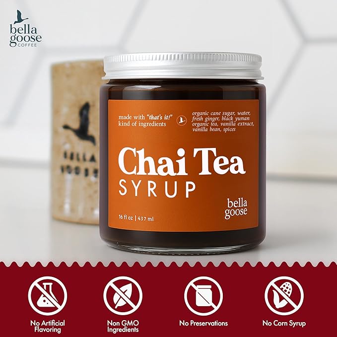 Bella Goose Chai Tea Syrup for Coffee (16oz) - Homemade Chai Tea Latte Syrup with Pure Cane Sugar, Vanilla & Spices - No Artificial Flavors, Oils or Dyes Syrups for Coffee Drinks, 32 Servings