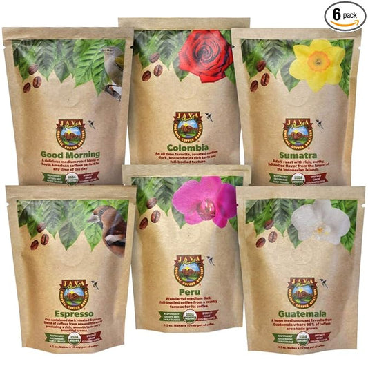 Java Planet, Coffee Gift Basket Sampler Set, for Coffee Lovers: Low Acid Organic Beans: Whole Bean, Mold-Free & Stomach Friendly - Arabica Gourmet, 1.32 LBs (19.2 oz) packaged in 6 Bags Each 3.2 oz