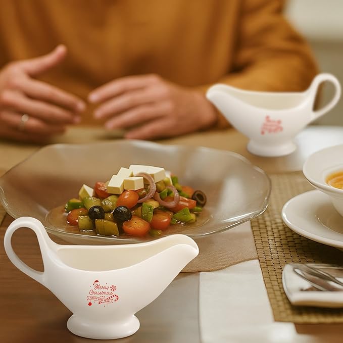 Bokon 2 Pack Christmas White Gravy Boat 8 oz Sauce Boat White Ceramic Sauce Jug with Smooth Handle Creamer Pitcher for Salad Dressing Milk Broth Microwave Dishwasher Safe for Festive Gatherings