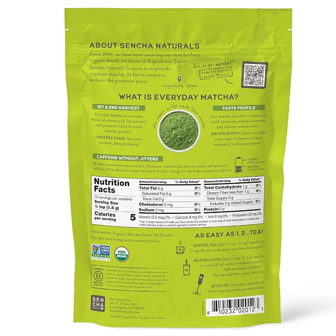 SEN CHA Naturals Organic Matcha Powder, Authentic Japanese Green Tea, Premium First & Second Harvest Culinary and Ceremonial Grade Matcha Powder, Lattes & Baking, 4oz Bag (1 Pack)