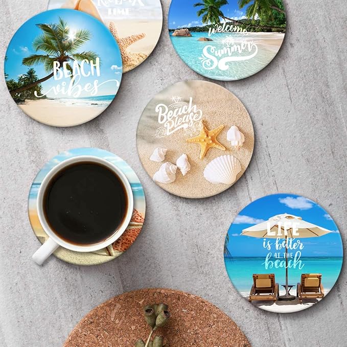 Britimes Coaster for Drinks Set of 6, Tropical Beach Landscape Caribbean Absorbent Round Ceramic Stone Mat, with Cork Base and Metal Holder, Gift for Housewarming Room Bar Decor