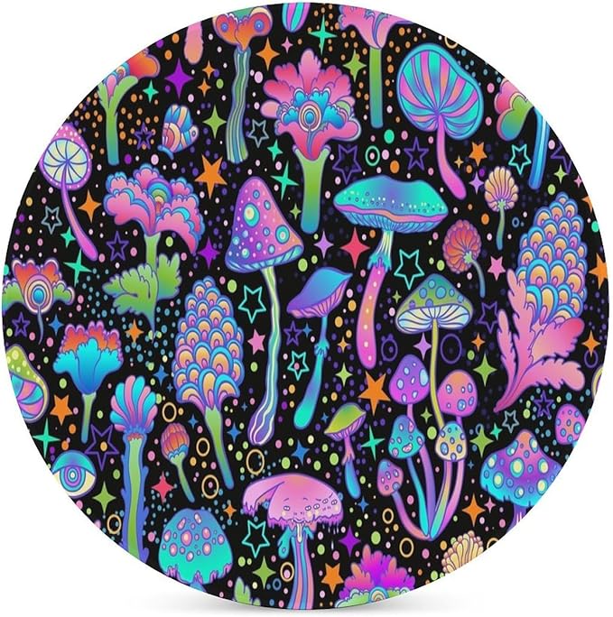 Botanical Drink Coasters, Round Ceramic Drink Coaster Round-6PCS, Psychedelic Fantasy Magic Colorful Trippy Botanical Mushrooms Decor Absorbent Ceramic Coasters for Beverage Cup, Bar, Coffee Table