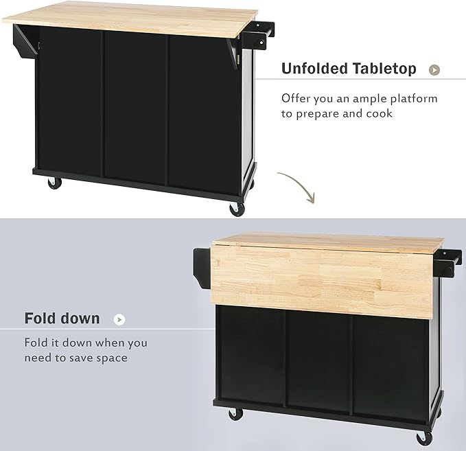 Yayzy Rolling Kitchen Island with 2 Bar Stools, Drop Leaf, Cabinet Door Storage Racks & 3 Drawers, Mobile Kitchen Cart with Rubberwood Top & Locking Wheels for Dining Room & Kitchen, 53-Inch, Black