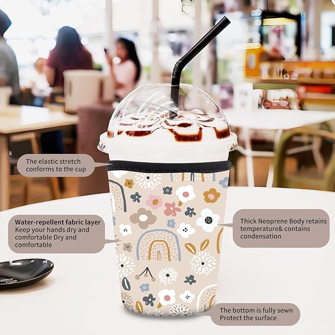 3 Pack Reusable Neoprene Insulator Sleeve for Iced Coffee Cups, Funny Coffee Cup Sleeves for 16-32oz Coffee cups, Cute Drink Sleeve for Cold Hot Beverages Boho Rainbow