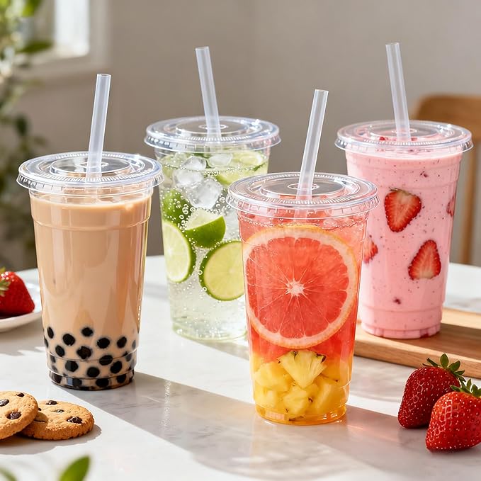Lamosi 50 Pack 20 oz Clear Plastic Cups with Lids and Straws, Disposable Plastic Coffee Cups with Lids for Iced Coffee, Cold Beverages, Smoothies and To-Go Drinks