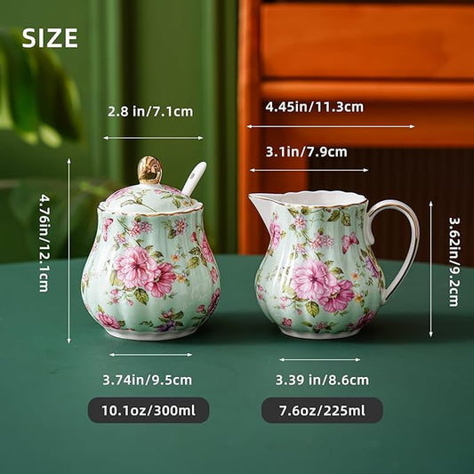 Ceramic Sugar and Creamer Set, 3 Piece Set with Cream Pitcher, Sugar Bowl, Sugar Set with Lid and Spoon (Green)