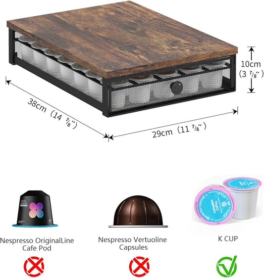 Coffee Pod Holder Counter Coffee Vertuo Capsules Storage Organizer with Sliding Drawer Compatible For 35 K-Cup Pods No Assembly Needed Rustic Brown
