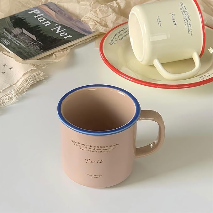 10 oz Retro Enamel-Style Coffee Mug, Minimalist Colorful Rim Ceramic Cups With Text Deign & Colorful Rims (Beige)