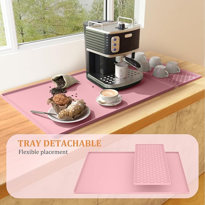 Silicone Coffee Mat Set - Includes Removable Drying Pad, Raised Edges for Non-Leak and Non-Slip, Suitable for Kitchen Coffee Machines and Countertop Protection, Bar Decor Pad (Pink, 24" x 16")