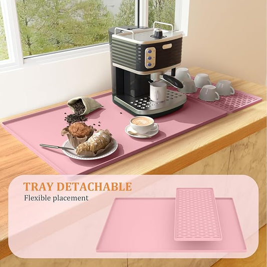 Silicone Coffee Mat Set - Includes Removable Drying Pad, Raised Edges for Non-Leak and Non-Slip, Suitable for Kitchen Coffee Machines and Countertop Protection, Bar Decor Pad (Pink, 24" x 16")