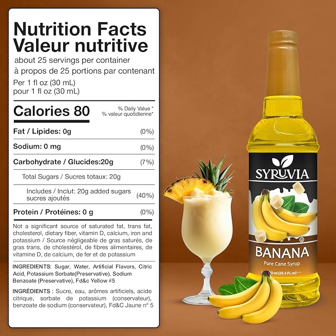 Syruvia Banana Syrup, Flavored Syrup for Drinks, Lattes, and Desserts – 25.4 fl oz,