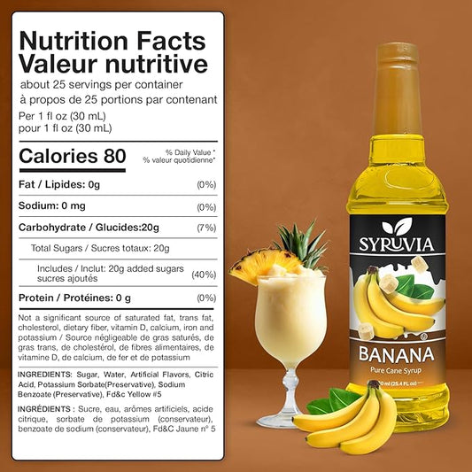 Syruvia Banana Syrup, Flavored Syrup for Drinks, Lattes, and Desserts – 25.4 fl oz,