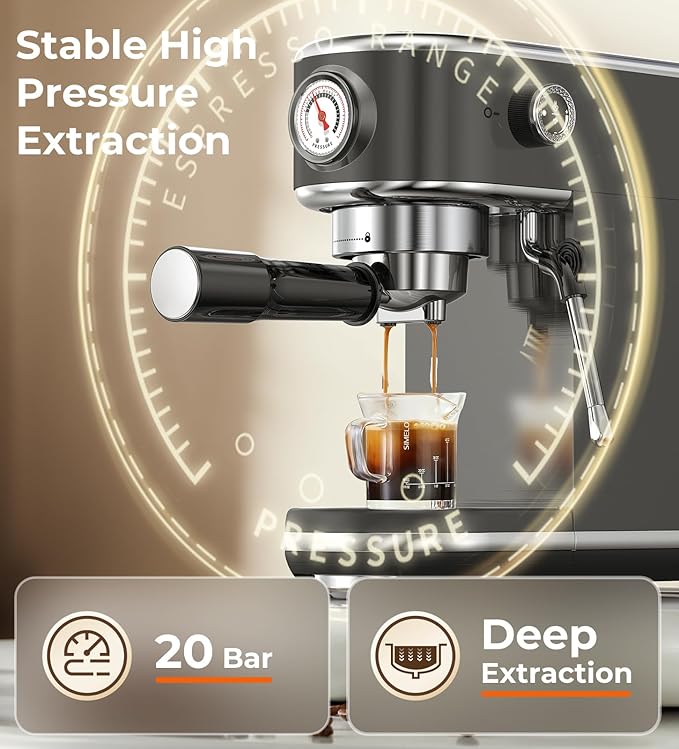 20 Bar Espresso Machine with Milk Frother, Compact Espresso Maker, Stainless Steel Coffee Machine with Precise Temp Control & 44oz Removable Water Tank for Latte, Cappuccino, Dark Grey