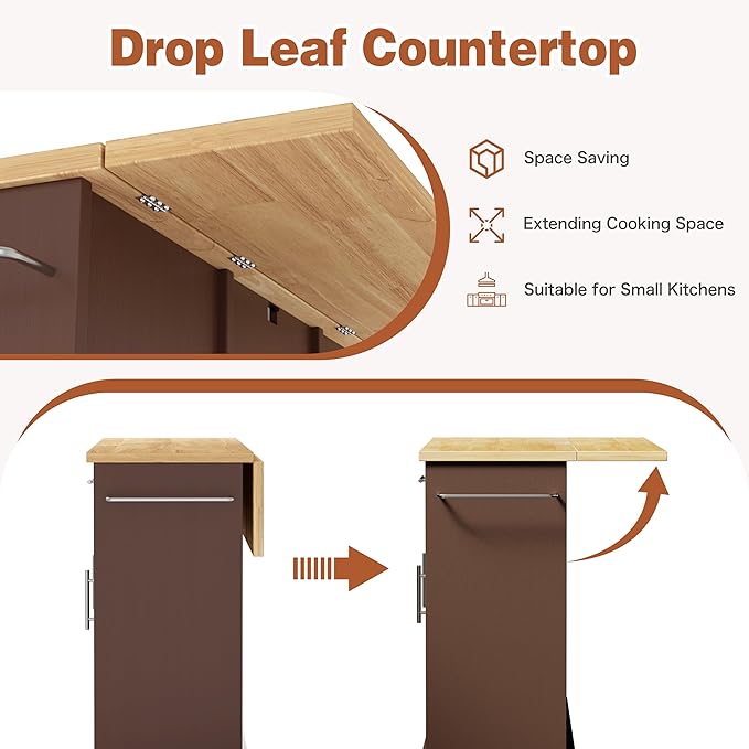 JY QAQA 42" Kitchen Island with Storage on Wheels, Rolling Table with Drop Leaf, Drawers, Cart Handle for Towel Rack or Free Movement, Brown