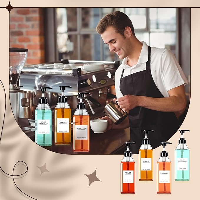 Nuogo 6 Pcs Coffee Syrup Dispenser Set 750ml, 500ml, 300ml, 150ml Pet Black Syrup Bottles with Pump Dispenser 27 Labels for Coffee Bar Kitchen Accessories Portable Travel(25.4 oz,Prismatic)