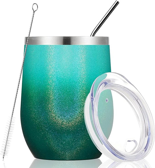 MEWAY Stemless 12oz Wine Tumbler Glasses with Lid -Insulated Double Wall Vacuum Stainless Steel Glitter Tumbler with Straw,for Woman Under 10 dollars(Gradient Blue,1)