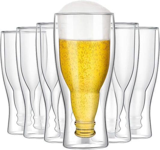 Meanplan 6 Pcs 15.5 oz Double Wall Insulated Beer Glass Clear Pub Mug Birthday Gifts for Him Men Dad Guys Insulated Borosilicate Freezable Upside Down Design Beer Glasses Cup for Drinking Lovers Bar