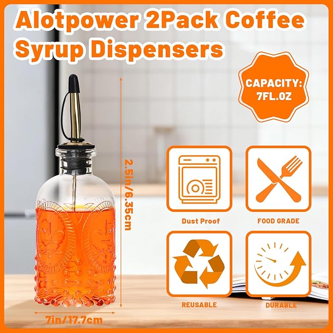 7oz Glass Coffee Syrup Dispenser, 2-Pack Complete Set with Funnel, Brush, Stoppers & Accessories - Syrup Bottles for Coffee Bar with Metal Pour Spout, Ideal for Maple,Oil, Vinegar,Cooking wine