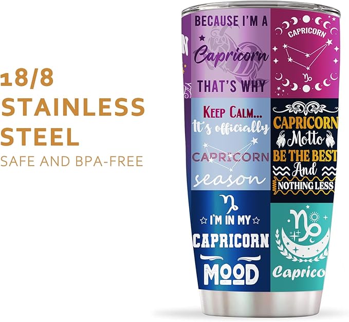 Capricorn Zodiac Tumbler, Astrology Witchy Gifts - Insulated 20oz Purple Coffee Mug With Lid & Straw
